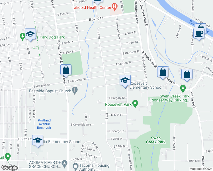 map of restaurants, bars, coffee shops, grocery stores, and more near 2001 Sherman Street in Tacoma