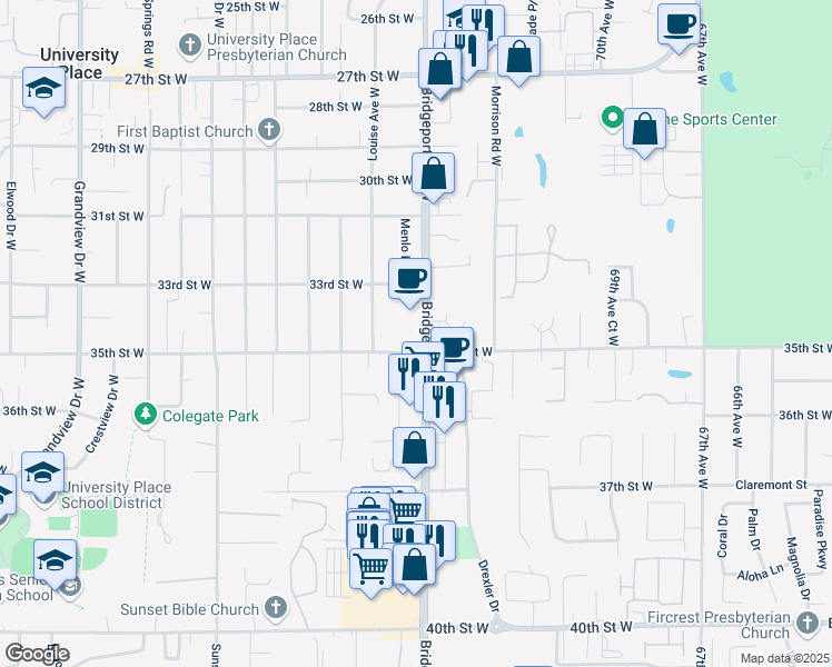 map of restaurants, bars, coffee shops, grocery stores, and more near 3318 Bridgeport Way West in University Place