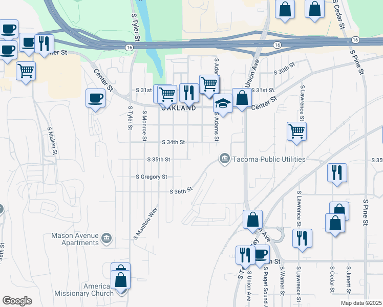 map of restaurants, bars, coffee shops, grocery stores, and more near 3902 South 34th Street in Tacoma