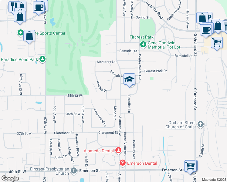 map of restaurants, bars, coffee shops, grocery stores, and more near 926 Daniels Drive in Fircrest