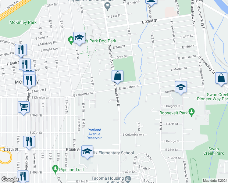 map of restaurants, bars, coffee shops, grocery stores, and more near 3540 East Portland Avenue in Tacoma