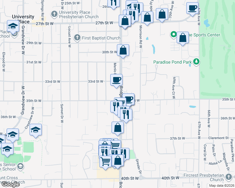 map of restaurants, bars, coffee shops, grocery stores, and more near 3332 Bridgeport Way West in University Place