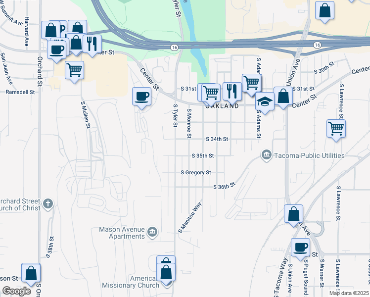 map of restaurants, bars, coffee shops, grocery stores, and more near 3405 South Tyler Street in Tacoma