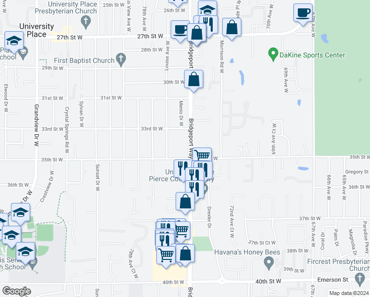 map of restaurants, bars, coffee shops, grocery stores, and more near 3318 Bridgeport Way West in University Place