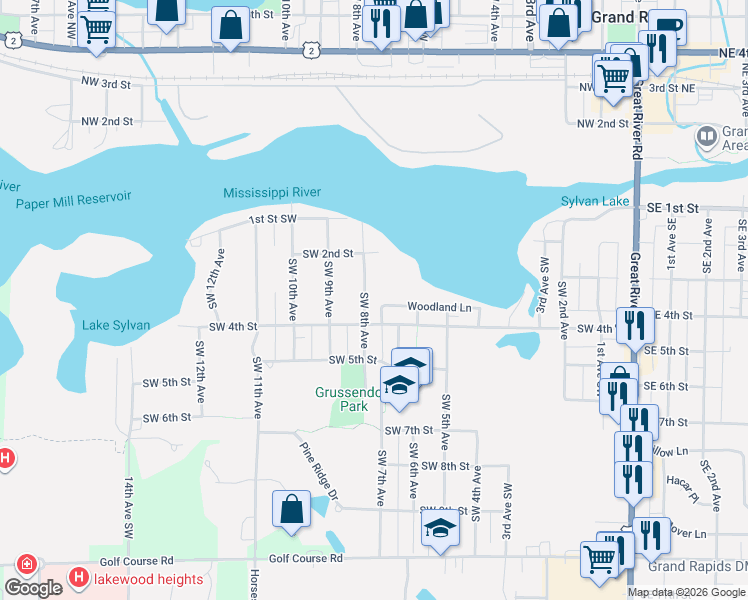 map of restaurants, bars, coffee shops, grocery stores, and more near 222 Southwest 8th Avenue in Grand Rapids