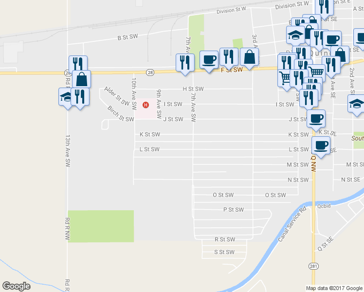 map of restaurants, bars, coffee shops, grocery stores, and more near 719 L Street Southwest in Quincy