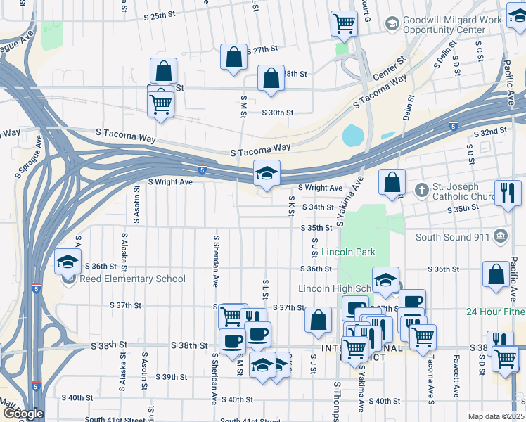 map of restaurants, bars, coffee shops, grocery stores, and more near 1132 South 34th Street in Tacoma