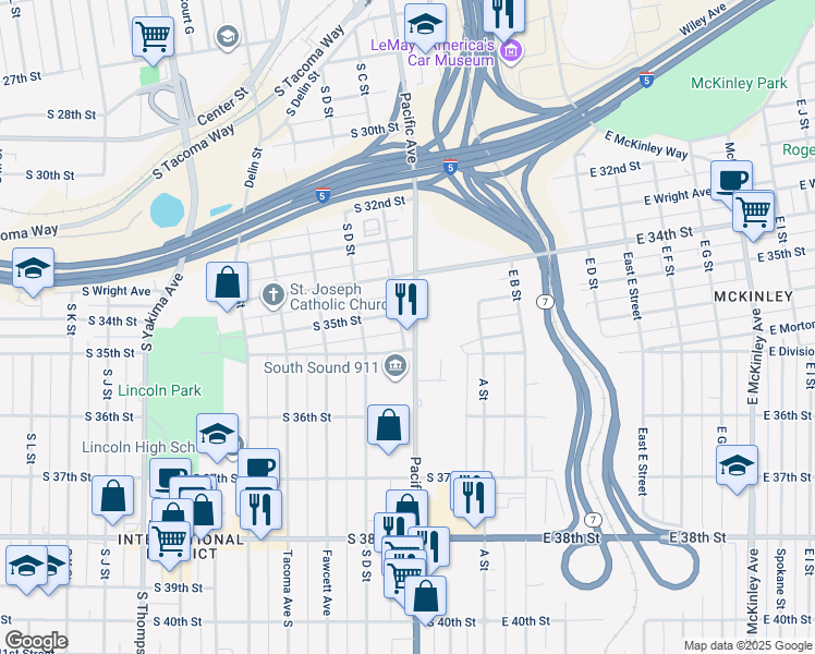 map of restaurants, bars, coffee shops, grocery stores, and more near 3502 Pacific Avenue in Tacoma