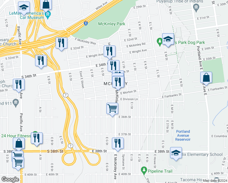 map of restaurants, bars, coffee shops, grocery stores, and more near 3524 McKinley Avenue in Tacoma