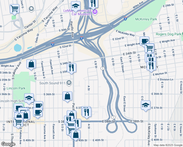 map of restaurants, bars, coffee shops, grocery stores, and more near 104 East 35th Street in Tacoma
