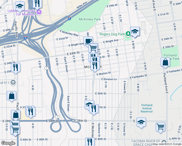 map of restaurants, bars, coffee shops, grocery stores, and more near 3524 McKinley Avenue in Tacoma