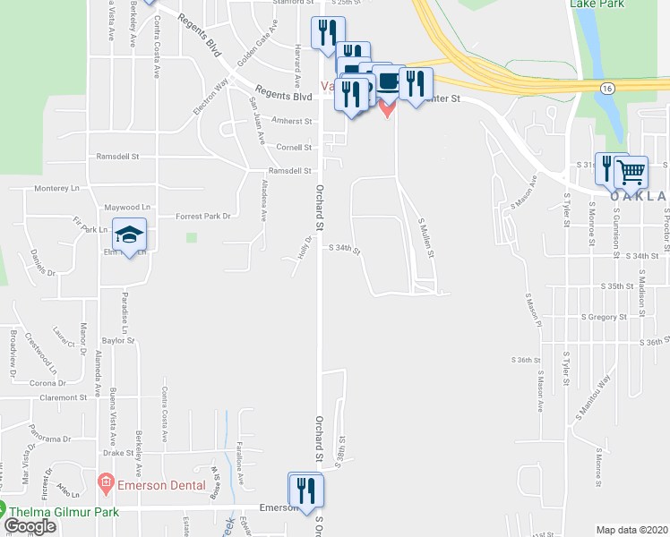 map of restaurants, bars, coffee shops, grocery stores, and more near 3501 South Orchard Street in Tacoma