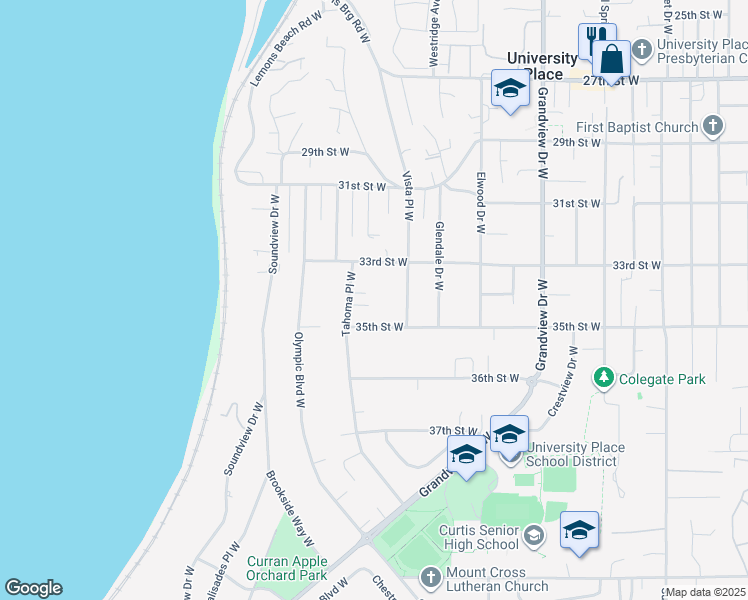 map of restaurants, bars, coffee shops, grocery stores, and more near 9012 34th Street West in University Place