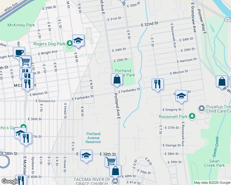 map of restaurants, bars, coffee shops, grocery stores, and more near E Portland Ave & E Fairbanks St in Tacoma
