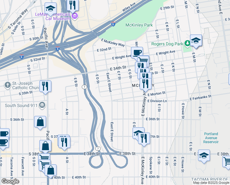map of restaurants, bars, coffee shops, grocery stores, and more near 3520 East F Street in Tacoma