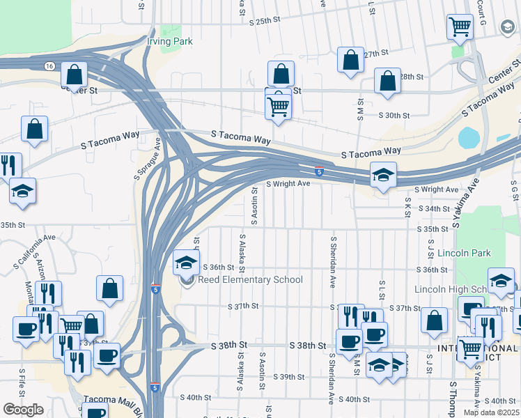 map of restaurants, bars, coffee shops, grocery stores, and more near 3325 South Asotin Street in Tacoma