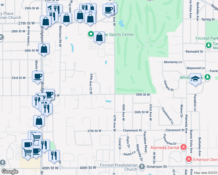 map of restaurants, bars, coffee shops, grocery stores, and more near 6709-6711 35th Street West in University Place