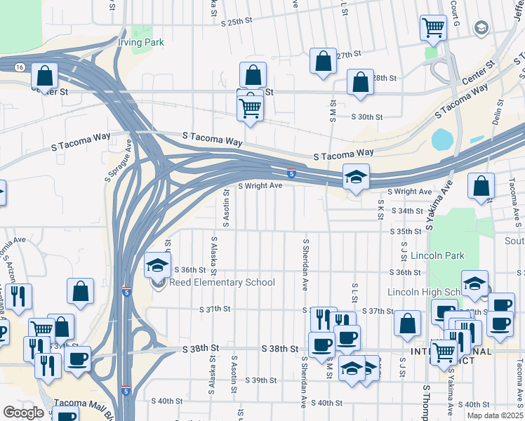 map of restaurants, bars, coffee shops, grocery stores, and more near 3339 South Ainsworth Avenue in Tacoma