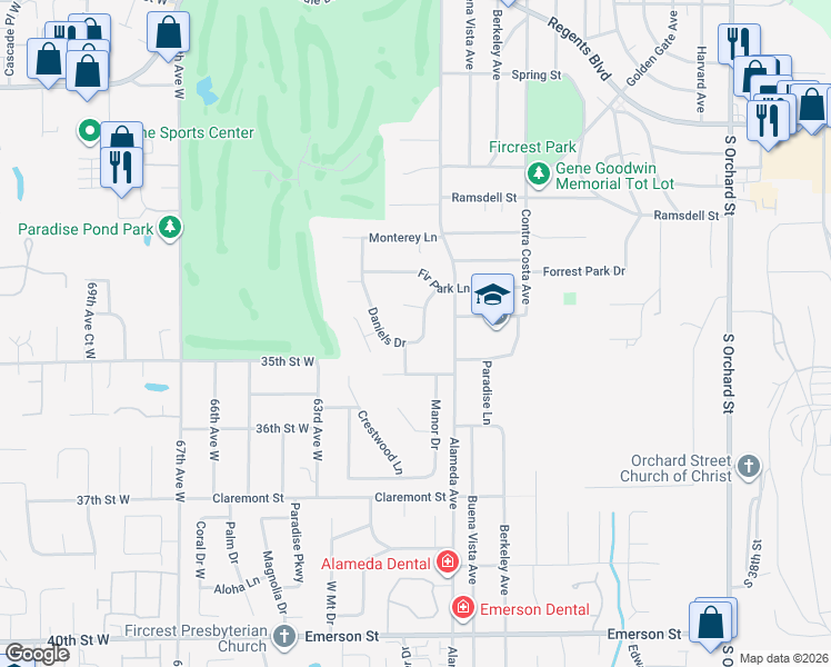 map of restaurants, bars, coffee shops, grocery stores, and more near 926 Daniels Drive in Fircrest