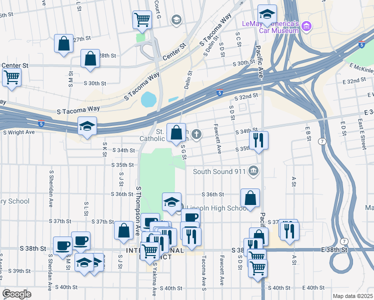 map of restaurants, bars, coffee shops, grocery stores, and more near 3415 South G Street in Tacoma