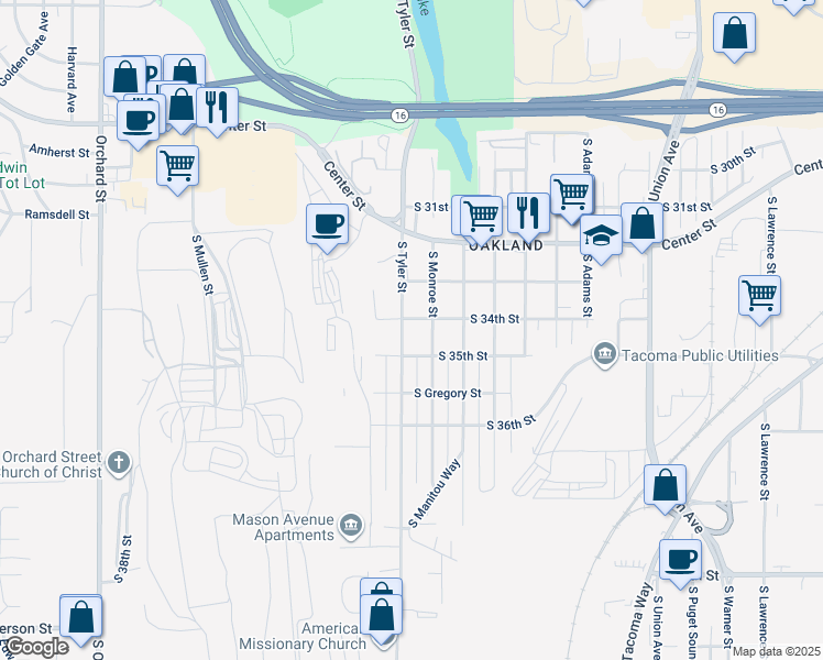 map of restaurants, bars, coffee shops, grocery stores, and more near 3405 South Tyler Street in Tacoma