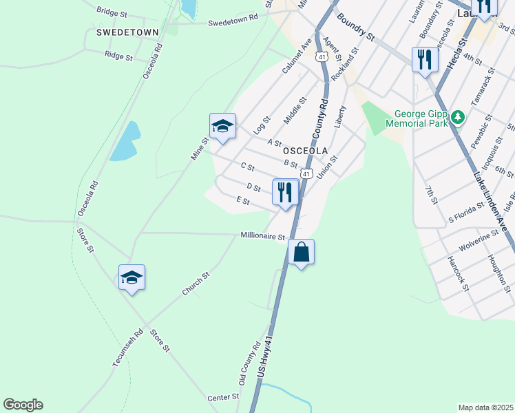 map of restaurants, bars, coffee shops, grocery stores, and more near E Street in Houghton County