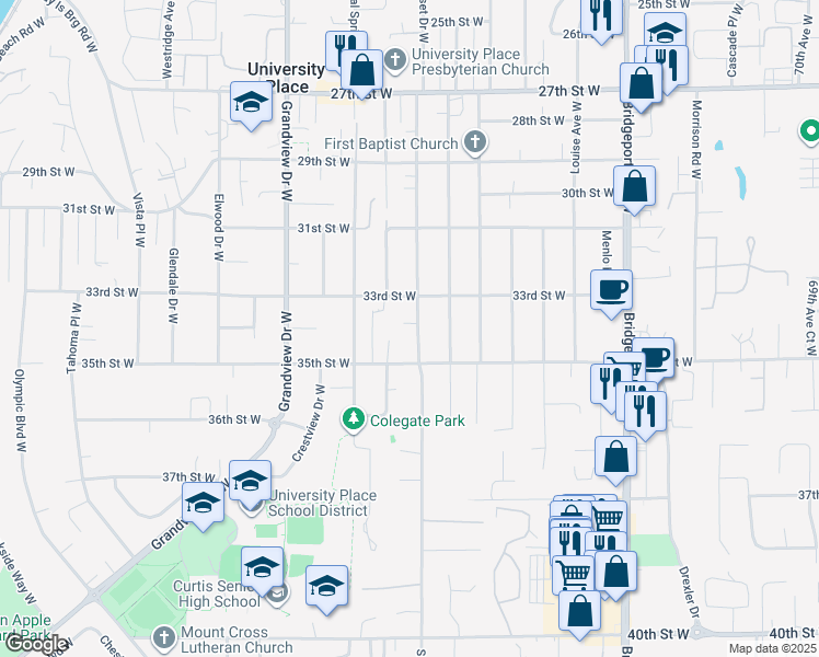 map of restaurants, bars, coffee shops, grocery stores, and more near 3322 Sunset Drive West in University Place