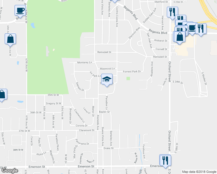 map of restaurants, bars, coffee shops, grocery stores, and more near 777 Elm Tree Lane in Fircrest
