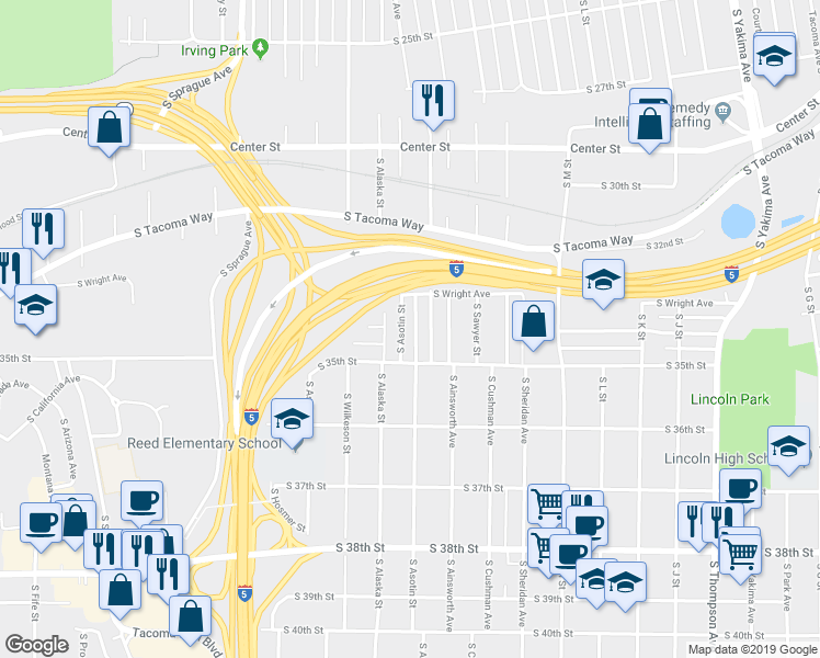 map of restaurants, bars, coffee shops, grocery stores, and more near 3325 South Asotin Street in Tacoma