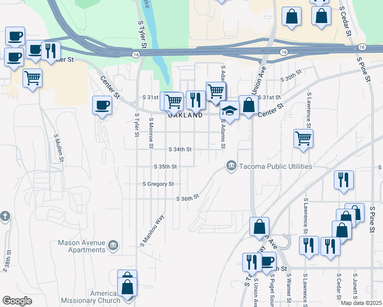 map of restaurants, bars, coffee shops, grocery stores, and more near 3902 South 34th Street in Tacoma
