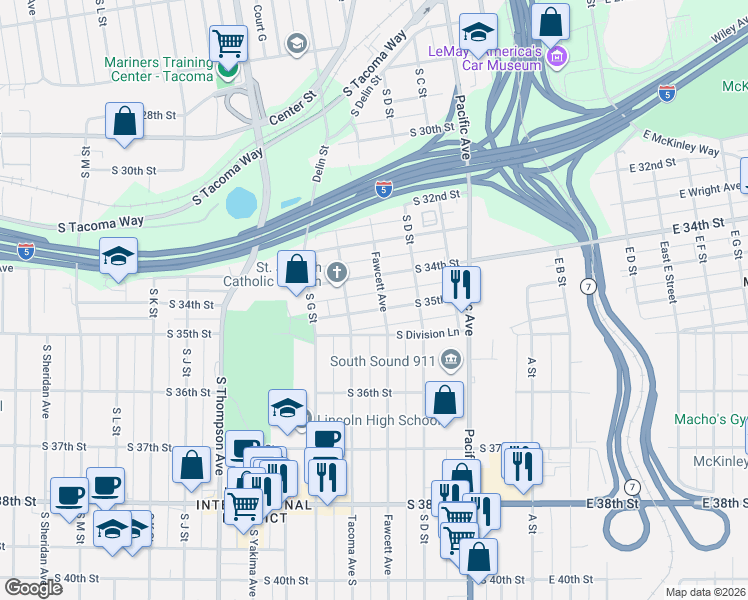 map of restaurants, bars, coffee shops, grocery stores, and more near in Tacoma