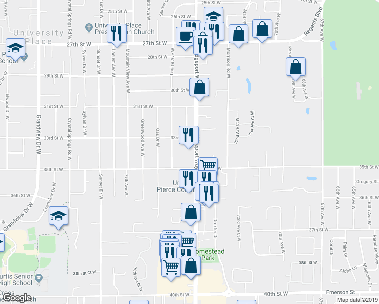 map of restaurants, bars, coffee shops, grocery stores, and more near 3318 Bridgeport Way West in University Place