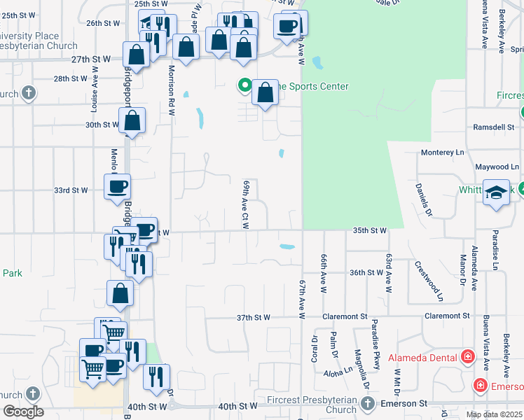 map of restaurants, bars, coffee shops, grocery stores, and more near 3036 68th Avenue Court West in University Place