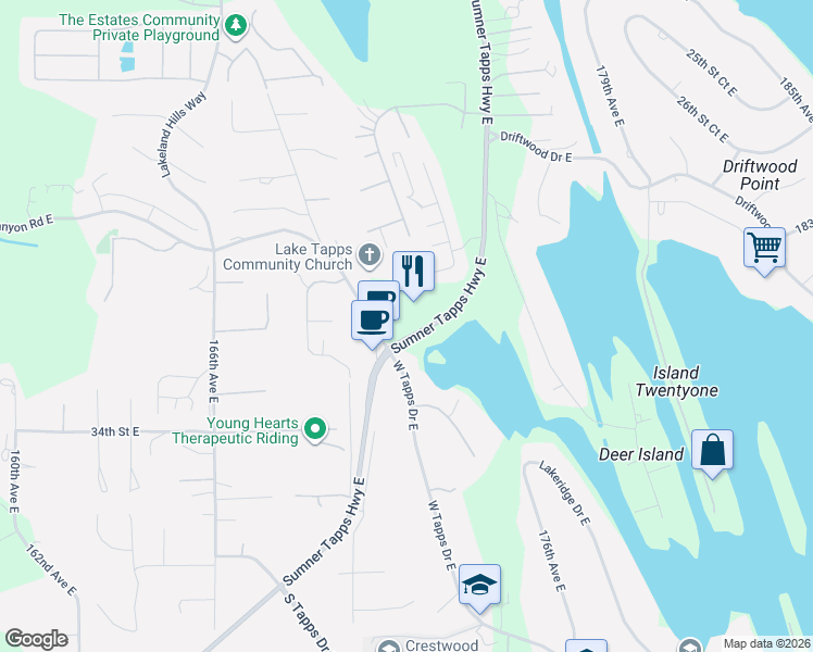 map of restaurants, bars, coffee shops, grocery stores, and more near 3110 Sumner Tapps Highway East in Lake Tapps