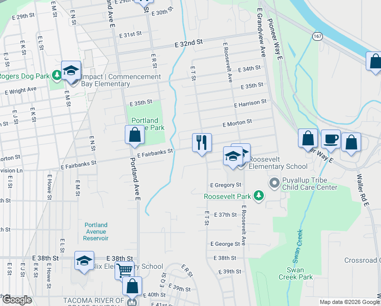 map of restaurants, bars, coffee shops, grocery stores, and more near 1840 East Fairbanks Street in Tacoma
