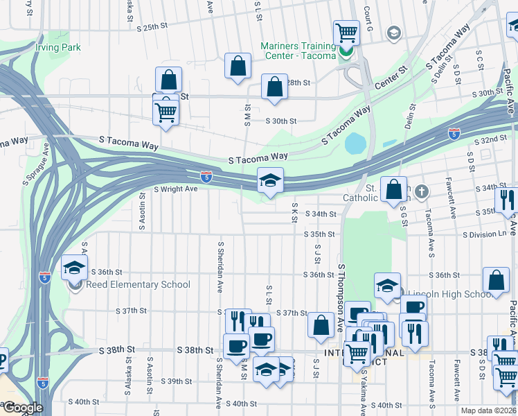 map of restaurants, bars, coffee shops, grocery stores, and more near 1129 South 34th Street in Tacoma