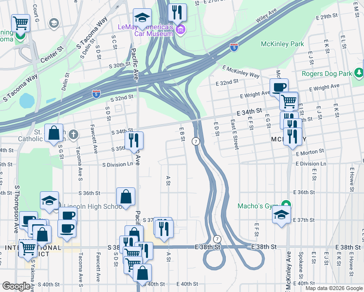 map of restaurants, bars, coffee shops, grocery stores, and more near 3510 East B Street in Tacoma