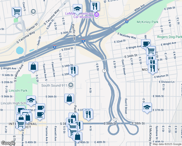 map of restaurants, bars, coffee shops, grocery stores, and more near 104 East 35th Street in Tacoma