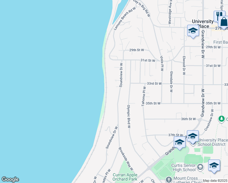 map of restaurants, bars, coffee shops, grocery stores, and more near 3324 Soundview Drive West in University Place