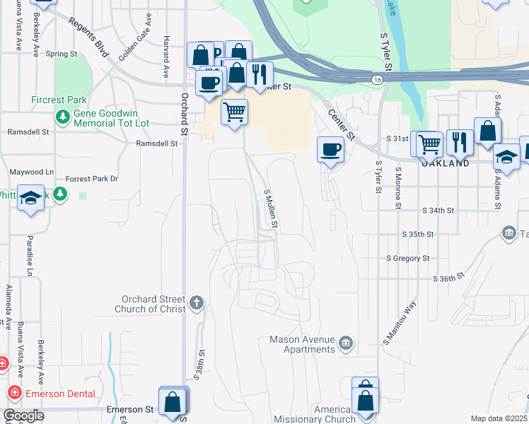 map of restaurants, bars, coffee shops, grocery stores, and more near 3510 South Mullen Street in Tacoma