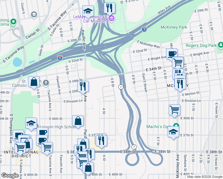 map of restaurants, bars, coffee shops, grocery stores, and more near 3510 East B Street in Tacoma