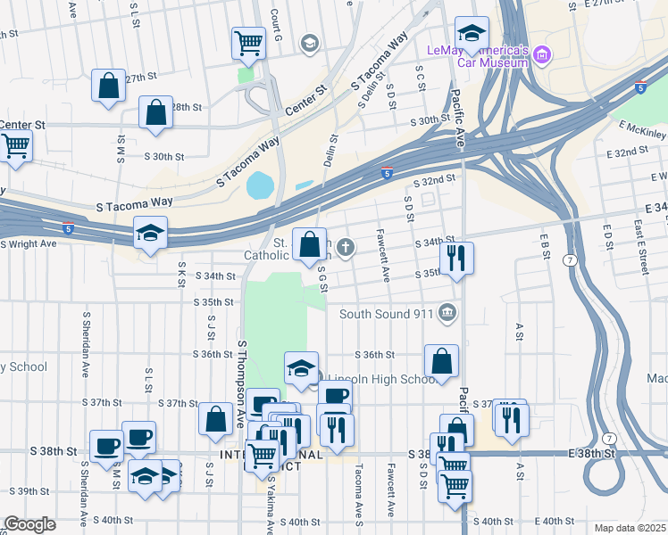 map of restaurants, bars, coffee shops, grocery stores, and more near 3415 South G Street in Tacoma