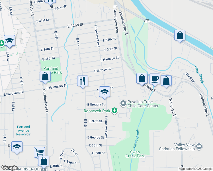 map of restaurants, bars, coffee shops, grocery stores, and more near 3545 East Roosevelt Avenue in Tacoma