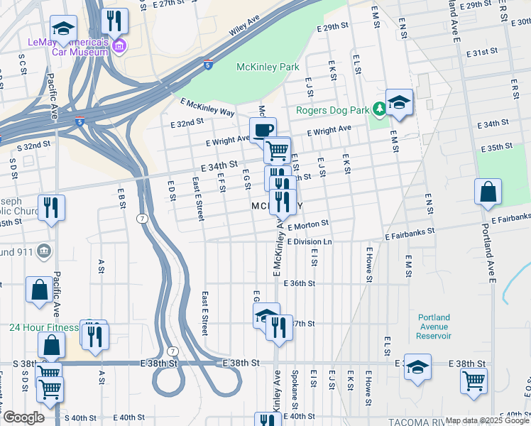 map of restaurants, bars, coffee shops, grocery stores, and more near 714 East Harrison Street in Tacoma