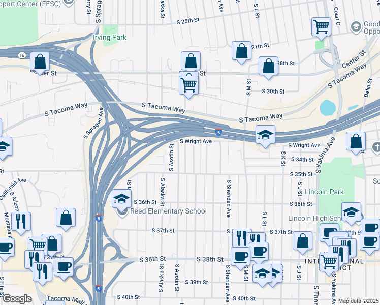 map of restaurants, bars, coffee shops, grocery stores, and more near 3326 South Ainsworth Avenue in Tacoma