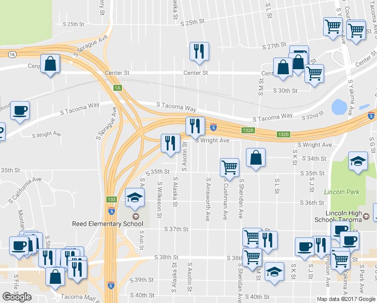 map of restaurants, bars, coffee shops, grocery stores, and more near 3325 South Asotin Street in Tacoma