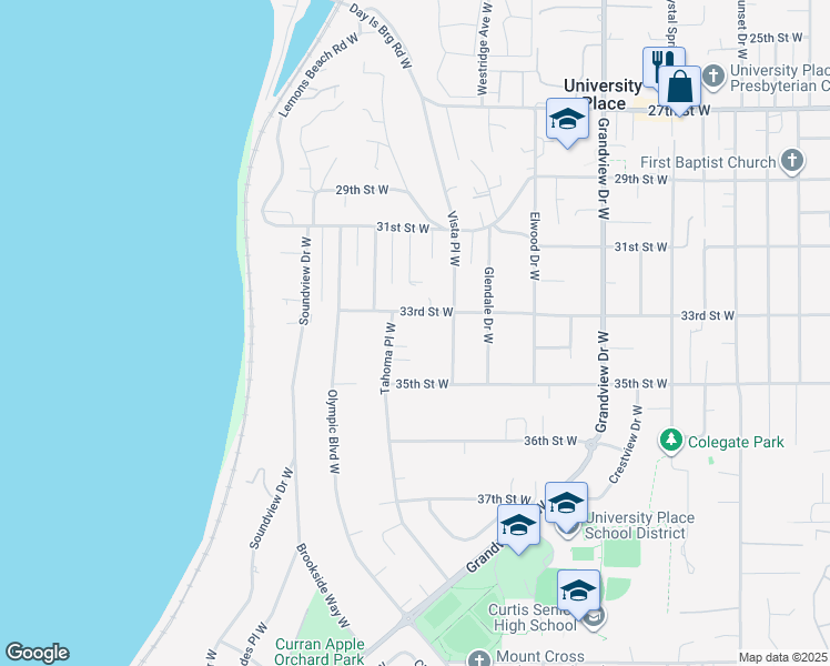 map of restaurants, bars, coffee shops, grocery stores, and more near 9012 34th Street West in University Place