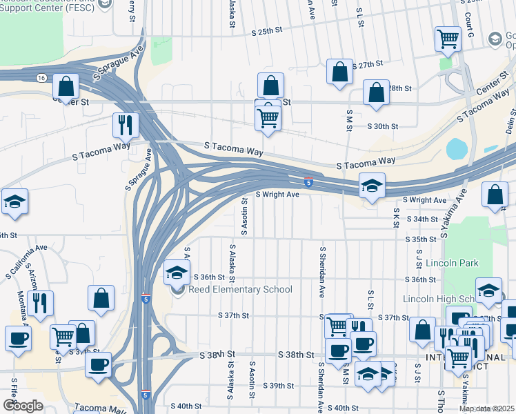 map of restaurants, bars, coffee shops, grocery stores, and more near 3318 South Chandler Street in Tacoma