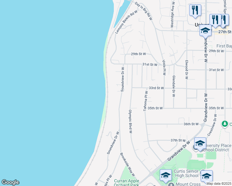 map of restaurants, bars, coffee shops, grocery stores, and more near 3324 Sound View Drive West in University Place