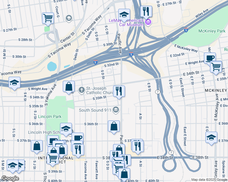 map of restaurants, bars, coffee shops, grocery stores, and more near 3502 Pacific Avenue in Tacoma